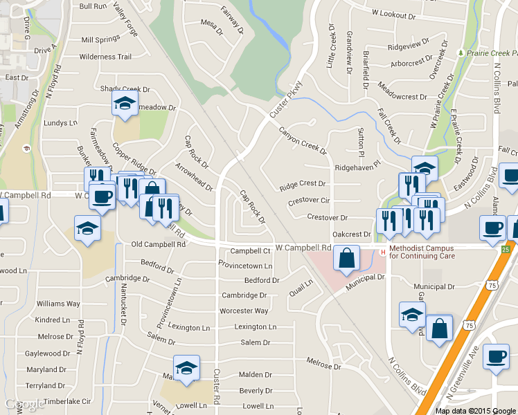 map of restaurants, bars, coffee shops, grocery stores, and more near 2020 Cap Rock Drive in Richardson