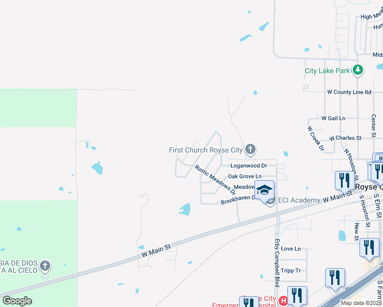 map of restaurants, bars, coffee shops, grocery stores, and more near 416 Fireside Place in Royse City
