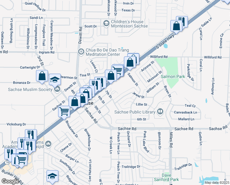map of restaurants, bars, coffee shops, grocery stores, and more near 3317 7th Street in Sachse
