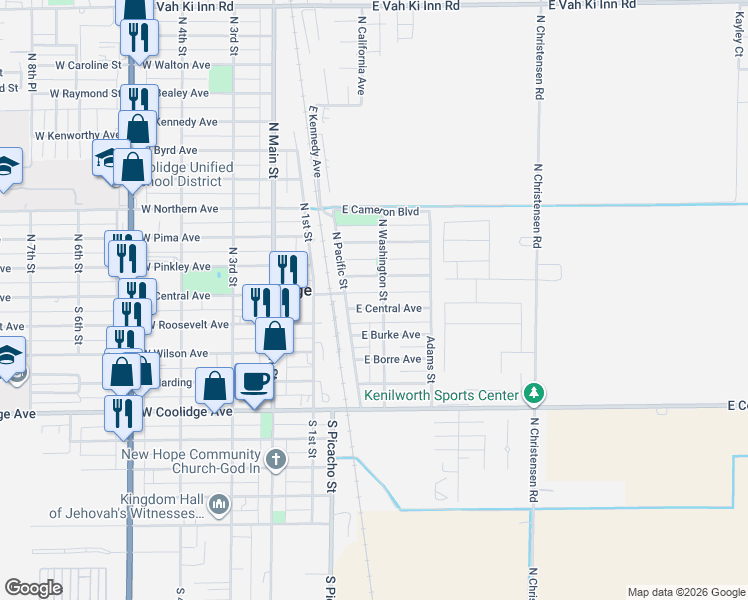 map of restaurants, bars, coffee shops, grocery stores, and more near 127 North Washington Street in Coolidge