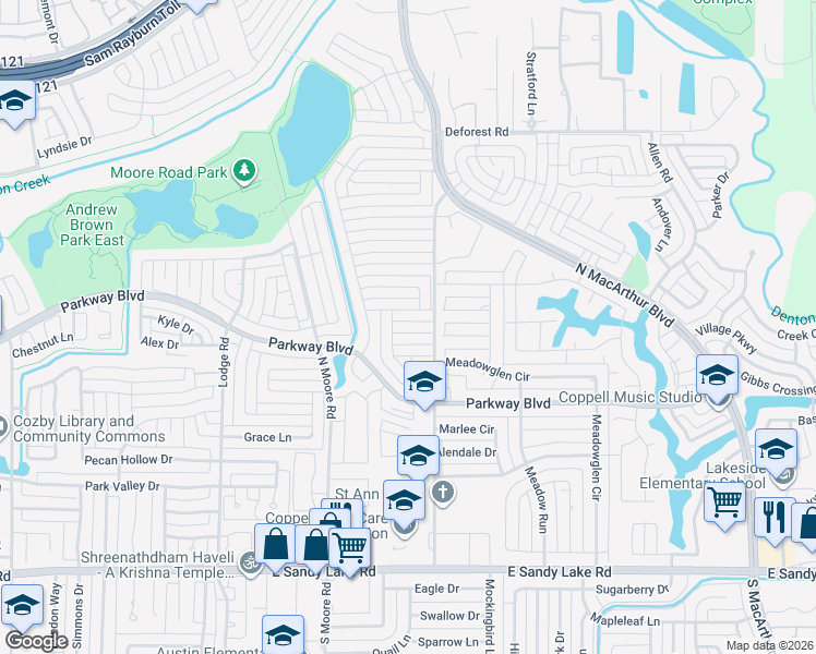 map of restaurants, bars, coffee shops, grocery stores, and more near 632 Coats Street in Coppell