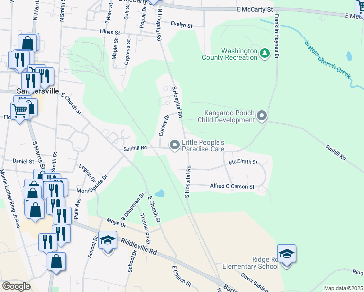map of restaurants, bars, coffee shops, grocery stores, and more near 322 South Hospital Road in Sandersville