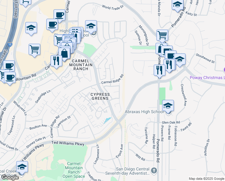map of restaurants, bars, coffee shops, grocery stores, and more near 12146 Corte Vicenza in San Diego