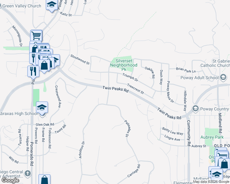 map of restaurants, bars, coffee shops, grocery stores, and more near 14343 Silverset Street in Poway