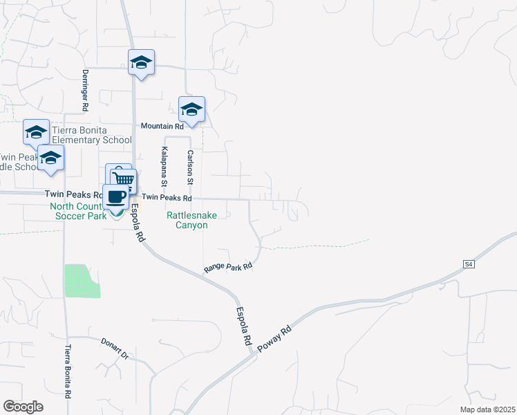 map of restaurants, bars, coffee shops, grocery stores, and more near 14551 Twin Peaks Road in Poway
