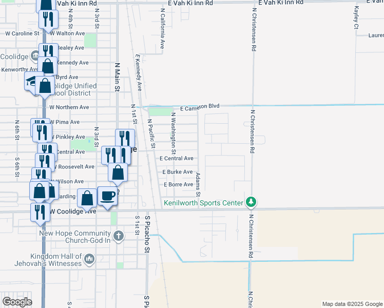 map of restaurants, bars, coffee shops, grocery stores, and more near 372 East Central Avenue in Coolidge