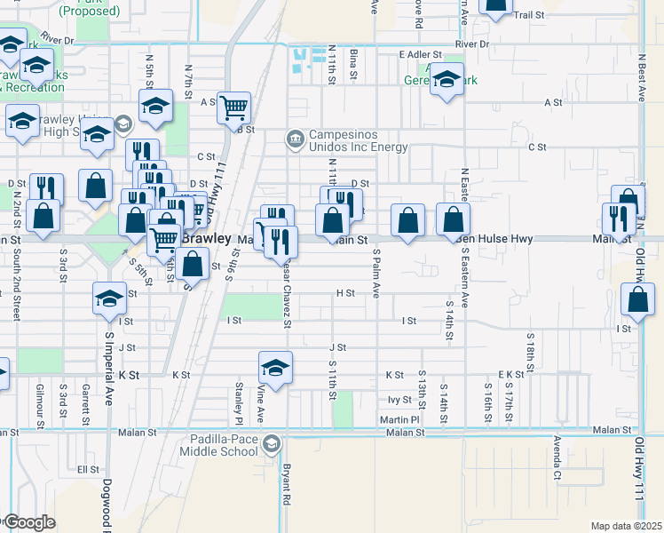 map of restaurants, bars, coffee shops, grocery stores, and more near 1105 G Street in Brawley