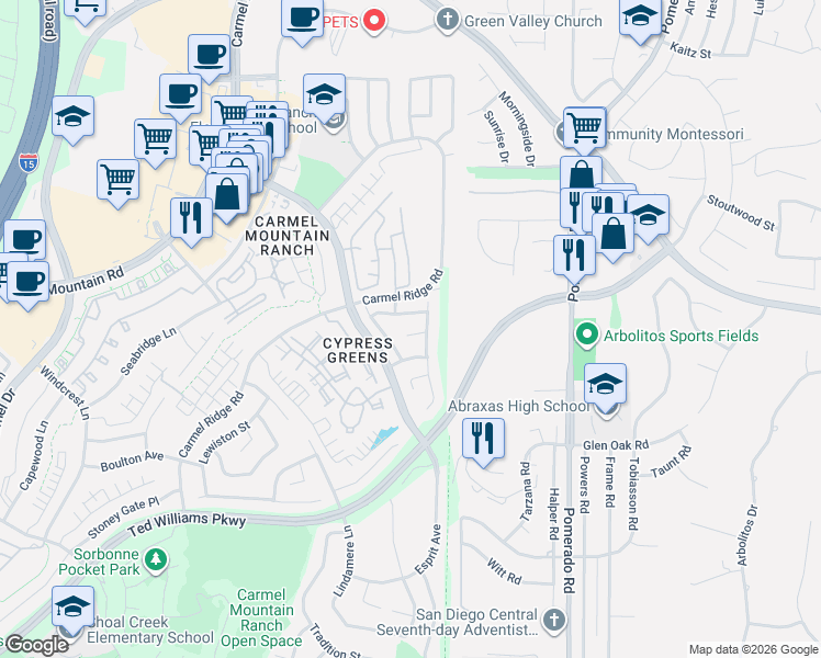 map of restaurants, bars, coffee shops, grocery stores, and more near 12146 Corte Vicenza in San Diego