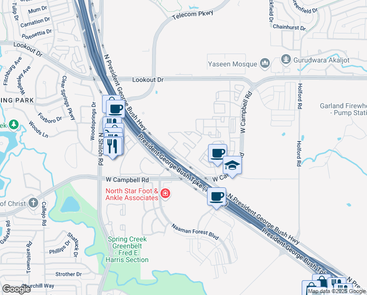 map of restaurants, bars, coffee shops, grocery stores, and more near 2005 Big Spring Road in Garland