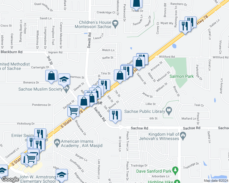 map of restaurants, bars, coffee shops, grocery stores, and more near 6045 Billingsley Street in Sachse