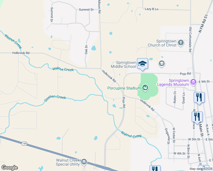 map of restaurants, bars, coffee shops, grocery stores, and more near 200 Oak Court in Springtown