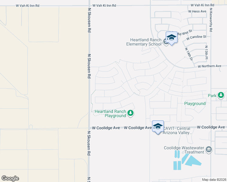 map of restaurants, bars, coffee shops, grocery stores, and more near 2183 West Pinkley Avenue in Coolidge