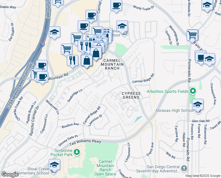 map of restaurants, bars, coffee shops, grocery stores, and more near 14232 Carmel Ridge Road in San Diego