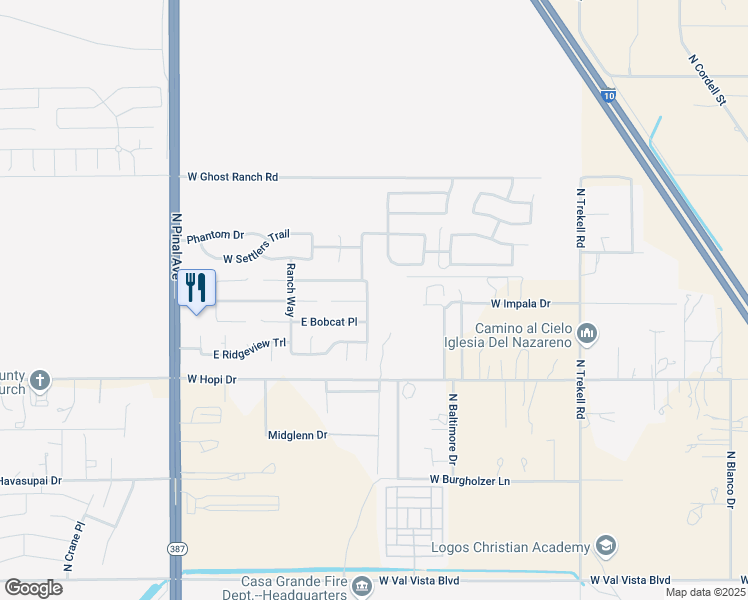 map of restaurants, bars, coffee shops, grocery stores, and more near 3880 Princeton Lane in Casa Grande
