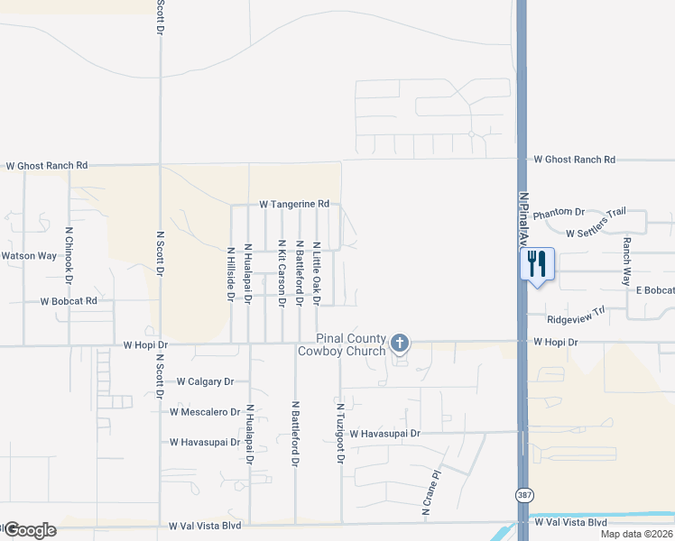 map of restaurants, bars, coffee shops, grocery stores, and more near 10745 North Yellowstone Road in Casa Grande