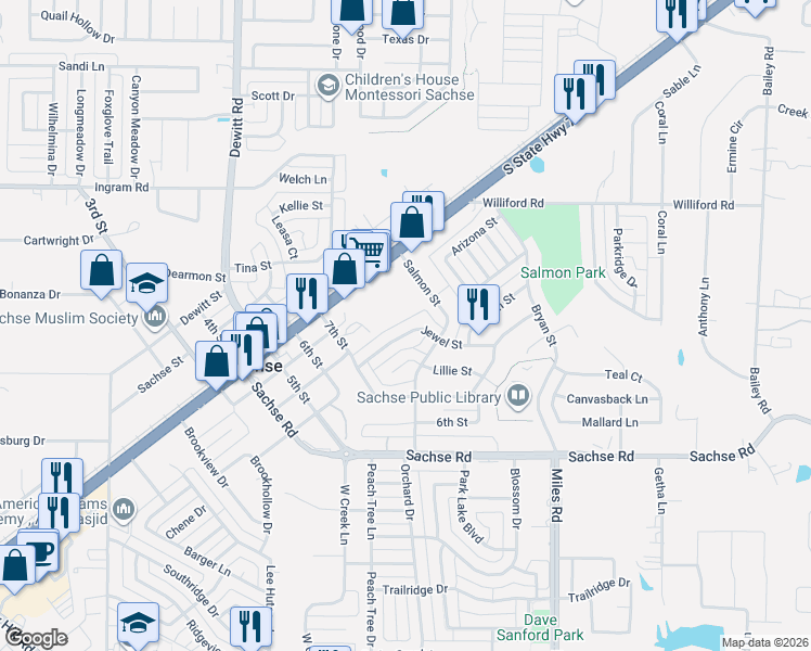map of restaurants, bars, coffee shops, grocery stores, and more near 3605 Jewel Street in Sachse