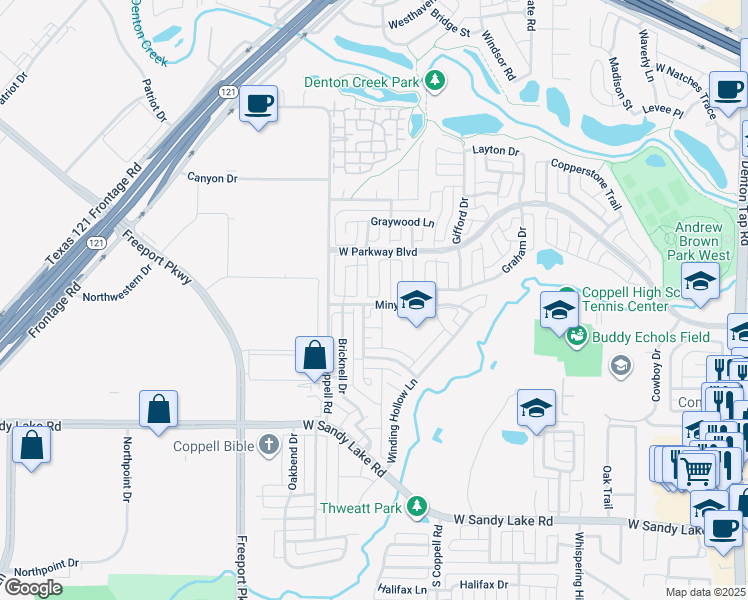 map of restaurants, bars, coffee shops, grocery stores, and more near 302 Buttonwood Court in Coppell