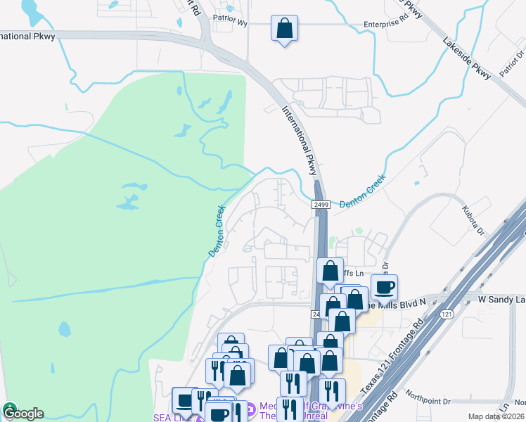 map of restaurants, bars, coffee shops, grocery stores, and more near Unnamed Road in Grapevine