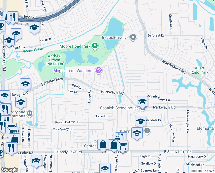map of restaurants, bars, coffee shops, grocery stores, and more near 540 Meadowood Lane in Coppell