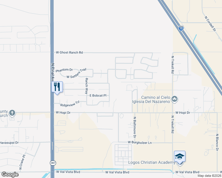 map of restaurants, bars, coffee shops, grocery stores, and more near 3880 Princeton Lane in Casa Grande