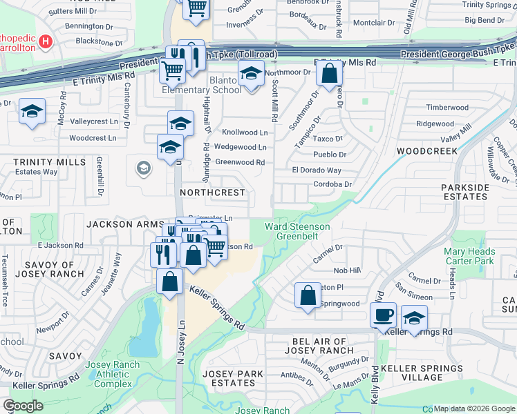 map of restaurants, bars, coffee shops, grocery stores, and more near 2300 Carol Good Lane in Carrollton