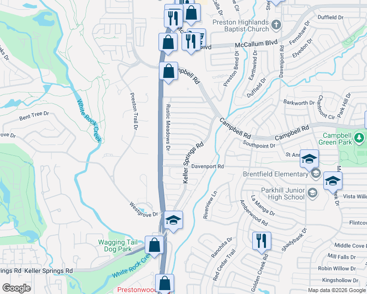 map of restaurants, bars, coffee shops, grocery stores, and more near 6012 Canyon Springs Road in Dallas