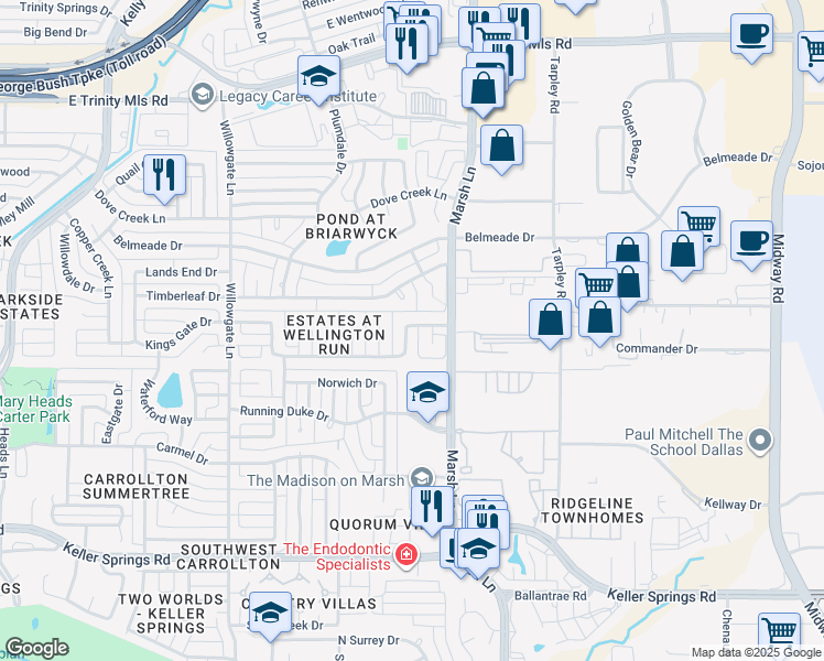 map of restaurants, bars, coffee shops, grocery stores, and more near 2409 Crown Court in Carrollton