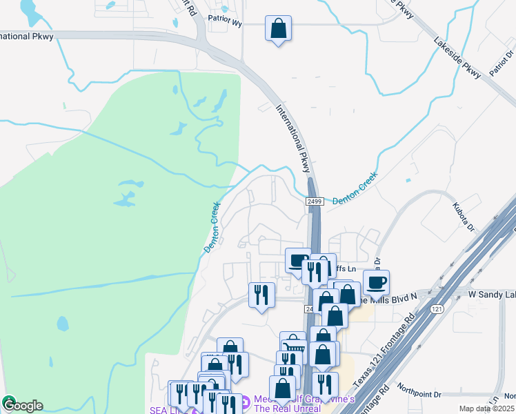 map of restaurants, bars, coffee shops, grocery stores, and more near Unnamed Road in Grapevine