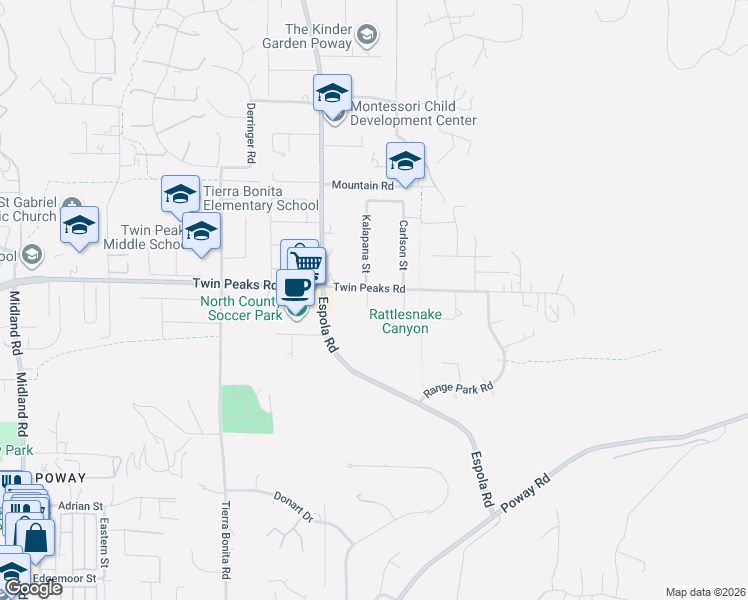 map of restaurants, bars, coffee shops, grocery stores, and more near 14337 Twin Peaks Road in Poway