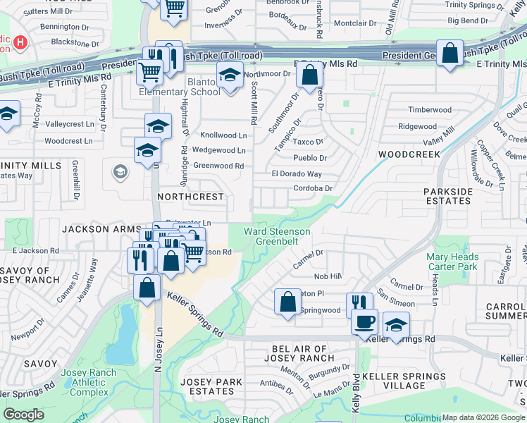 map of restaurants, bars, coffee shops, grocery stores, and more near 2106 Artherfield Drive in Carrollton
