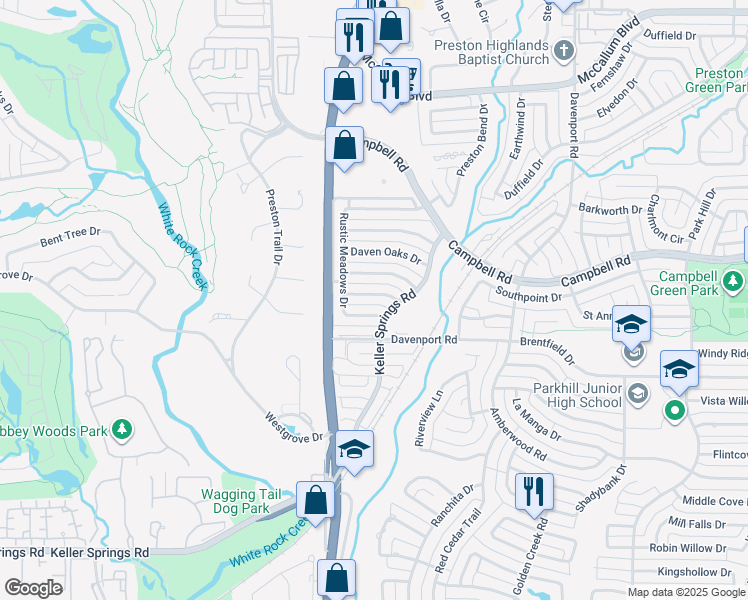 map of restaurants, bars, coffee shops, grocery stores, and more near 6012 Canyon Springs Rd in Dallas