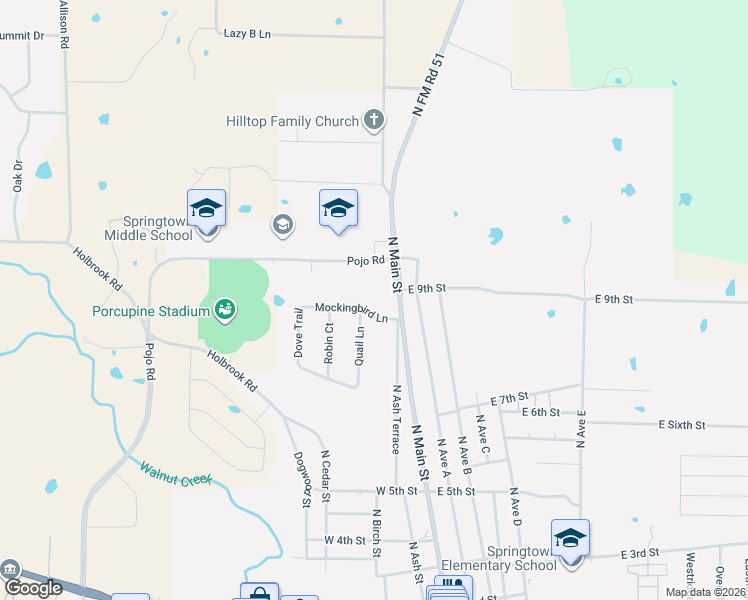 map of restaurants, bars, coffee shops, grocery stores, and more near 300 Mockingbird Lane in Springtown