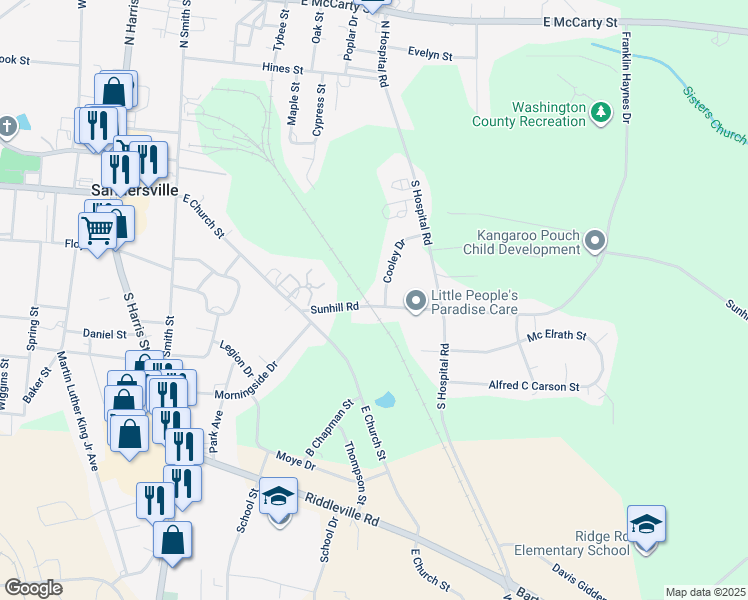 map of restaurants, bars, coffee shops, grocery stores, and more near 429 Sunhill Road in Sandersville