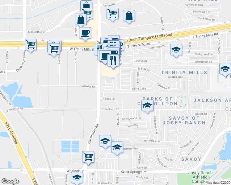 map of restaurants, bars, coffee shops, grocery stores, and more near 2306 Janna Way in Carrollton