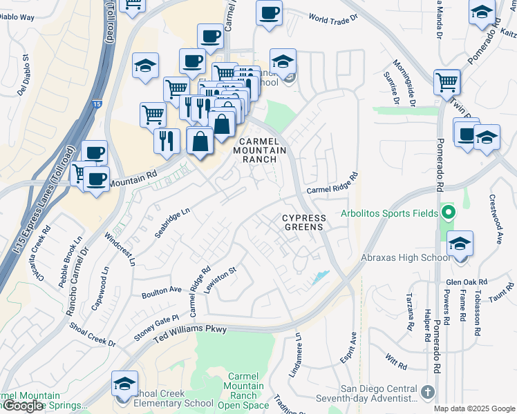 map of restaurants, bars, coffee shops, grocery stores, and more near 14242 Carmel Ridge Road in San Diego