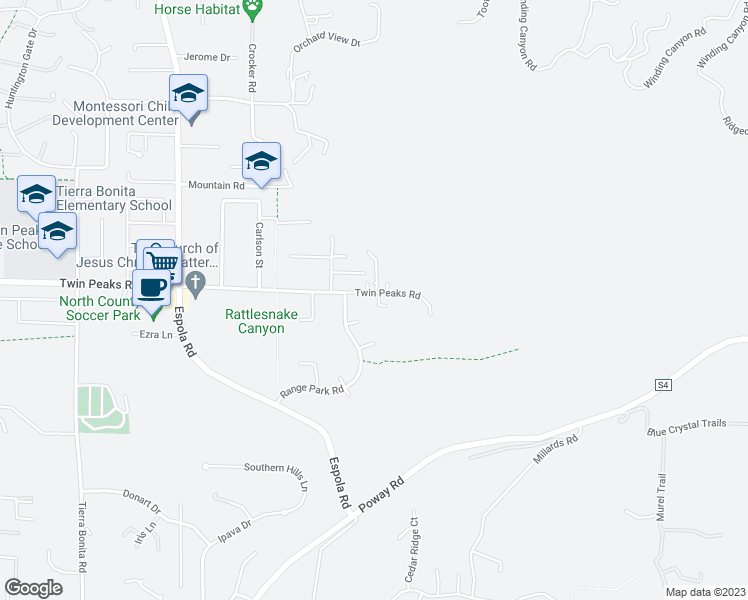map of restaurants, bars, coffee shops, grocery stores, and more near 14551 Twin Peaks Road in Poway