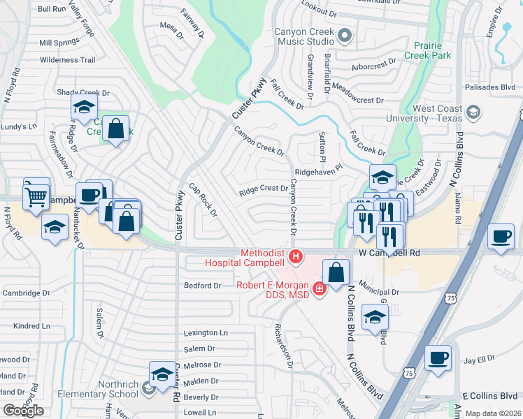 map of restaurants, bars, coffee shops, grocery stores, and more near 436 Crestover Circle in Richardson