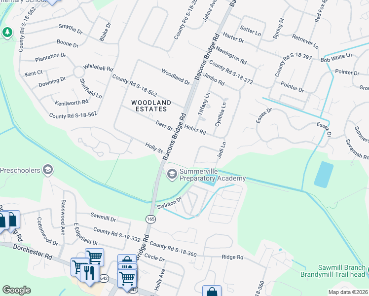 map of restaurants, bars, coffee shops, grocery stores, and more near 1815 Bacons Bridge Road in Summerville