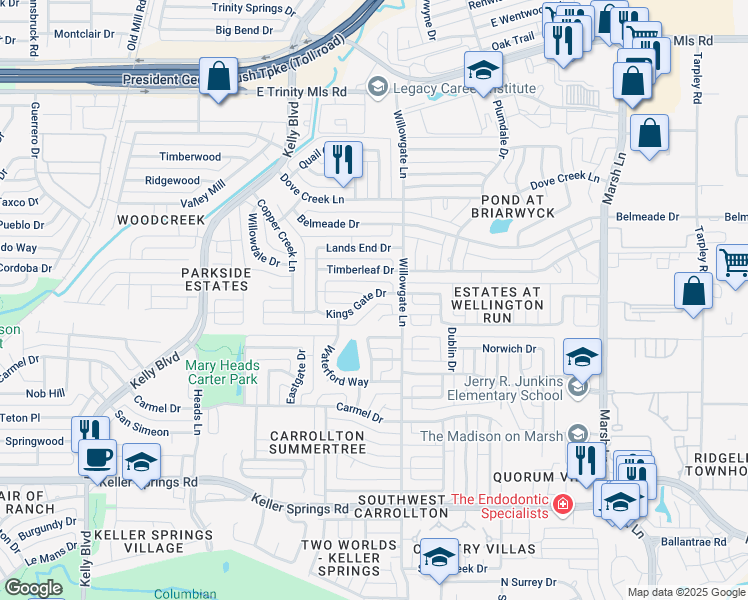 map of restaurants, bars, coffee shops, grocery stores, and more near 2540 Kings Gate Drive in Carrollton