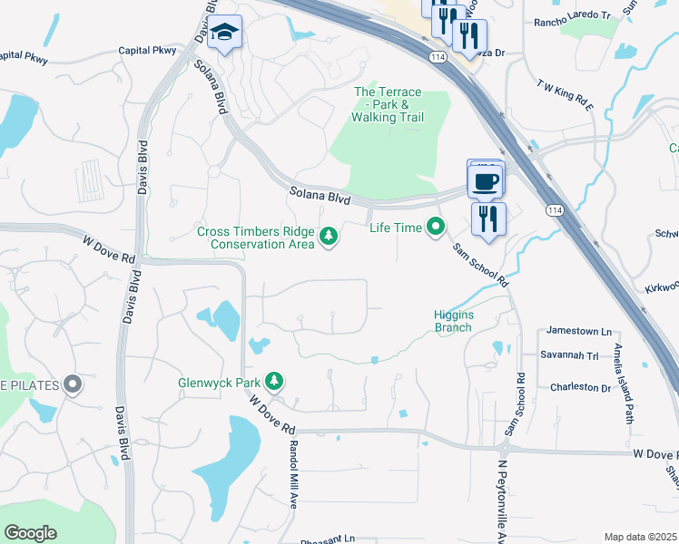 map of restaurants, bars, coffee shops, grocery stores, and more near 1819 Broken Bend Drive in Westlake