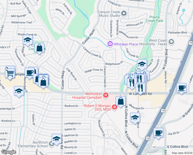 map of restaurants, bars, coffee shops, grocery stores, and more near 440 Crestover Circle in Richardson