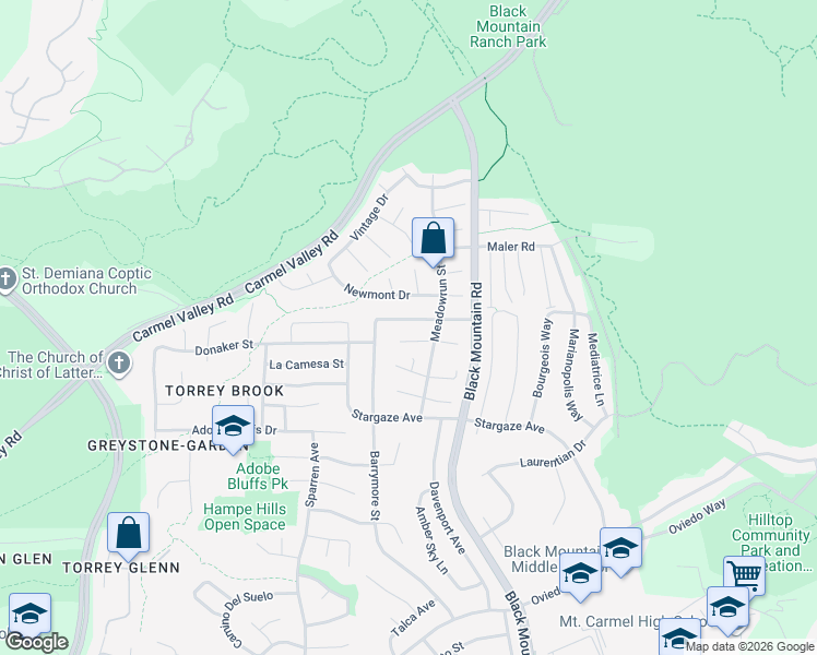map of restaurants, bars, coffee shops, grocery stores, and more near 9075 Westvale Road in San Diego