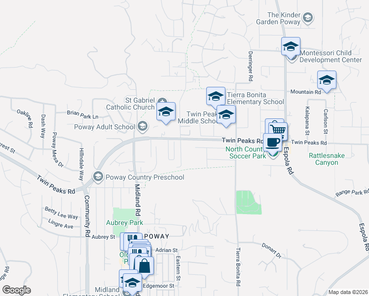 map of restaurants, bars, coffee shops, grocery stores, and more near 13851 Country Creek Road in Poway