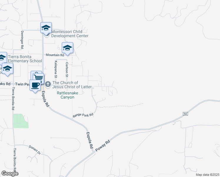 map of restaurants, bars, coffee shops, grocery stores, and more near 14631 Twin Peaks Road in Poway