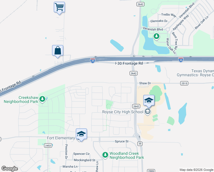 map of restaurants, bars, coffee shops, grocery stores, and more near 113 Gentle Circle Way in Royse City