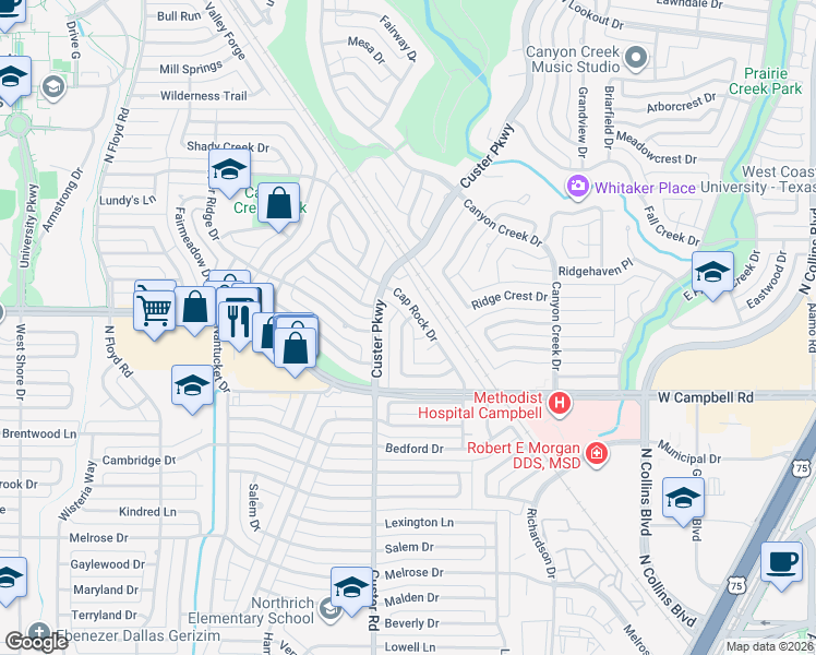 map of restaurants, bars, coffee shops, grocery stores, and more near 2018 Sandy Trail in Richardson
