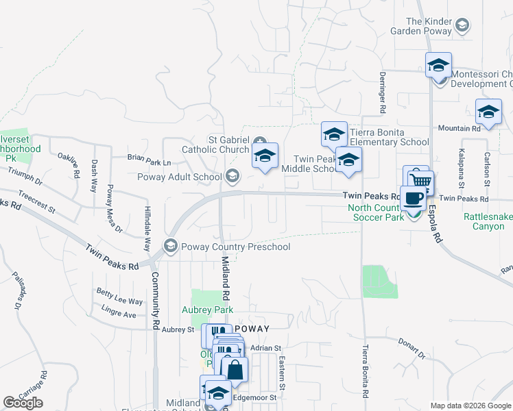 map of restaurants, bars, coffee shops, grocery stores, and more near 13765 Holly Oak Way in Poway