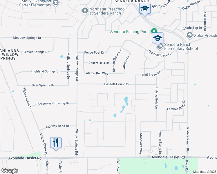 map of restaurants, bars, coffee shops, grocery stores, and more near 1541 Bassett Hound Drive in Haslet