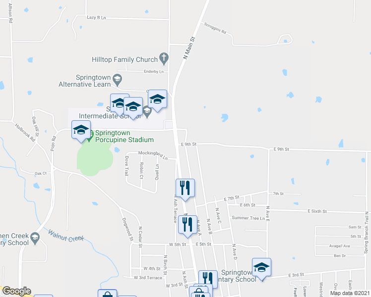 map of restaurants, bars, coffee shops, grocery stores, and more near 813 North Avenue A in Springtown