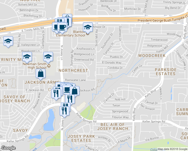 map of restaurants, bars, coffee shops, grocery stores, and more near 2300 Carol Good Lane in Carrollton